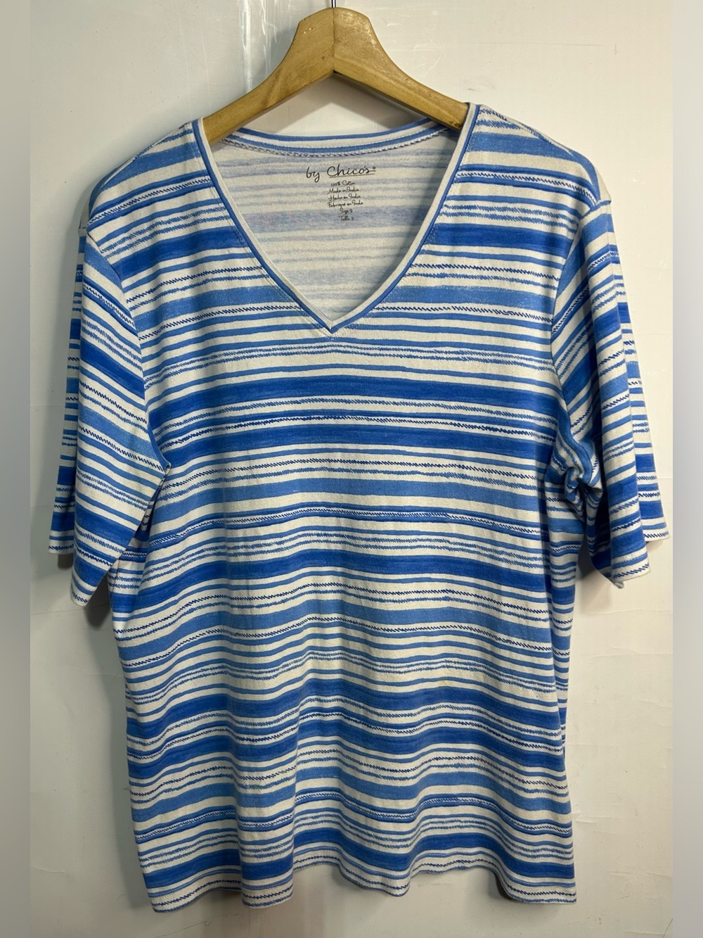 Chico's Blue Striped Short Sleeve T-Shirt Size 3 (XL)